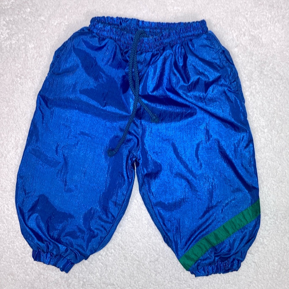 Vintage track pants, wind pants blue green elastic waist drawstring 12m